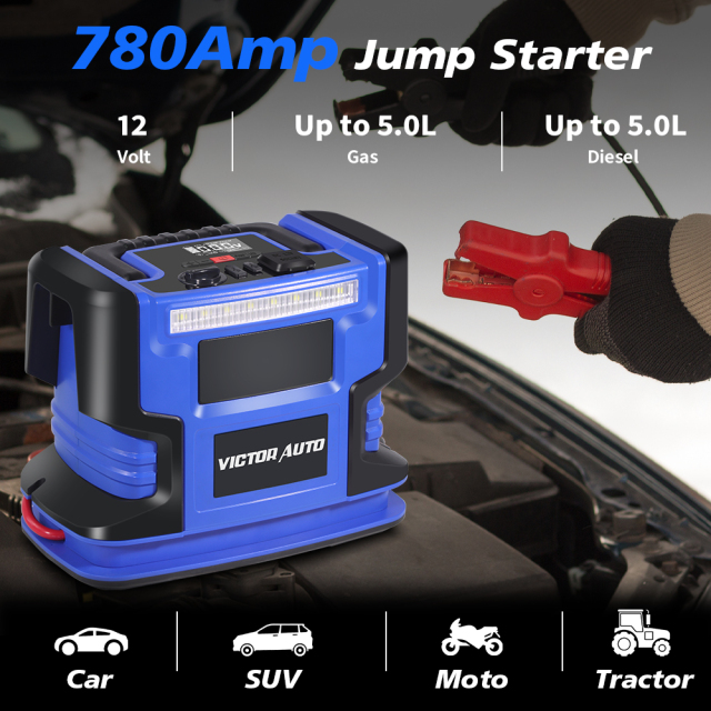 Victor  5 In 1 Portable Jump Starter with Air Compressor 780A Peak,120 PSI Tire Inflator, Power Bank,LED Lighting,12V DC Socket,Made in Vietnam