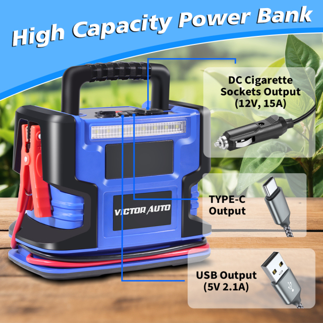 Victor  5 In 1 Portable Jump Starter with Air Compressor 780A Peak,120 PSI Tire Inflator, Power Bank,LED Lighting,12V DC Socket,Made in Vietnam