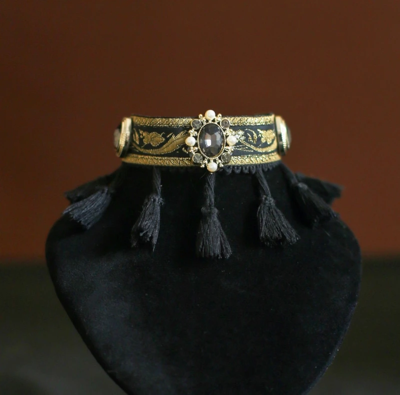【Choker|Collar】Black tassel black gold gemstone 046