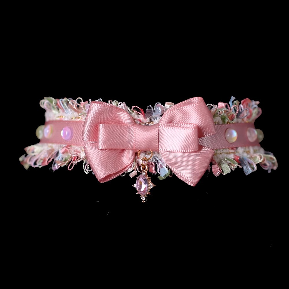 【Choker|Collar】Green and astringent pink bow 059