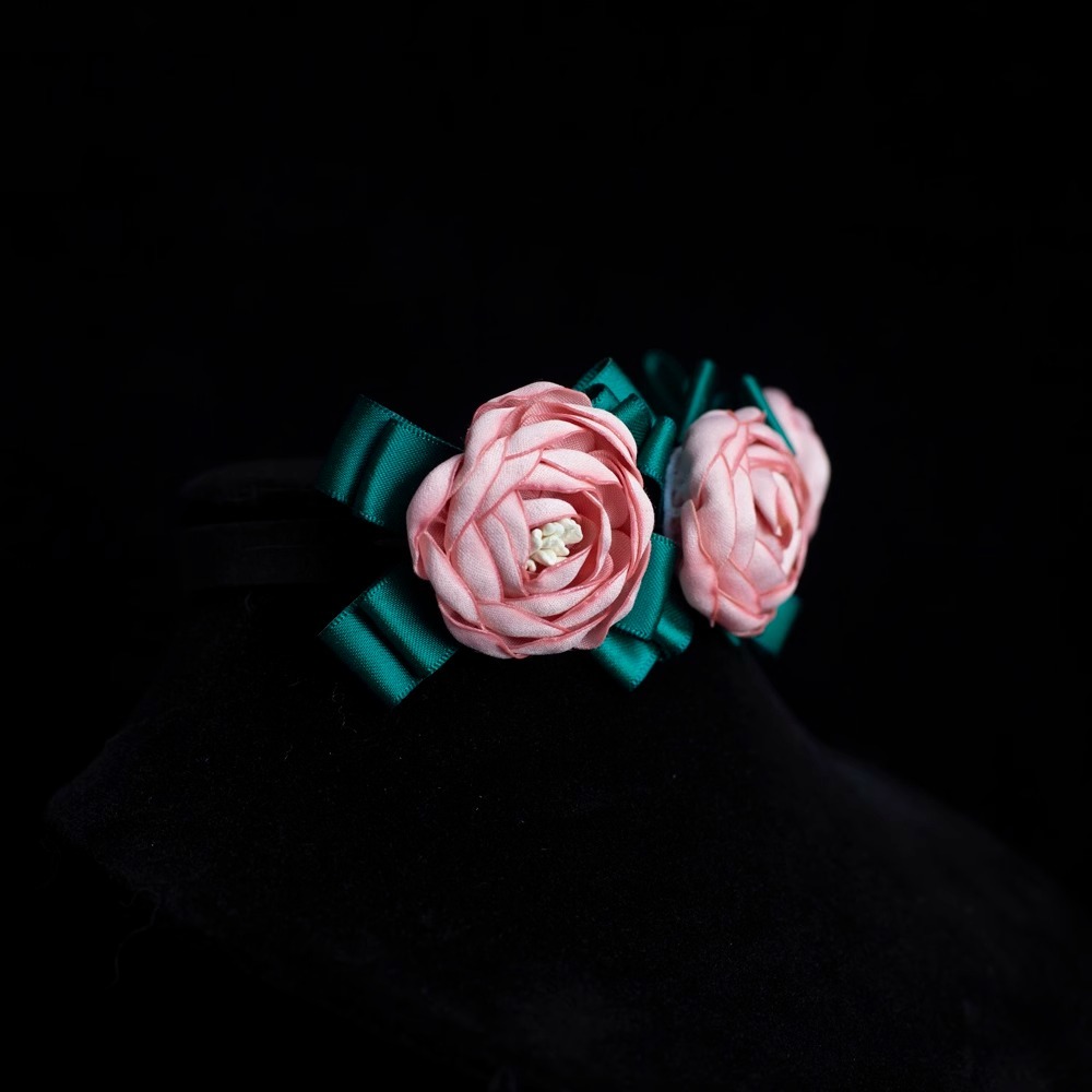 【Choker|Collar】Green Leaf Pink Rose Garden 049