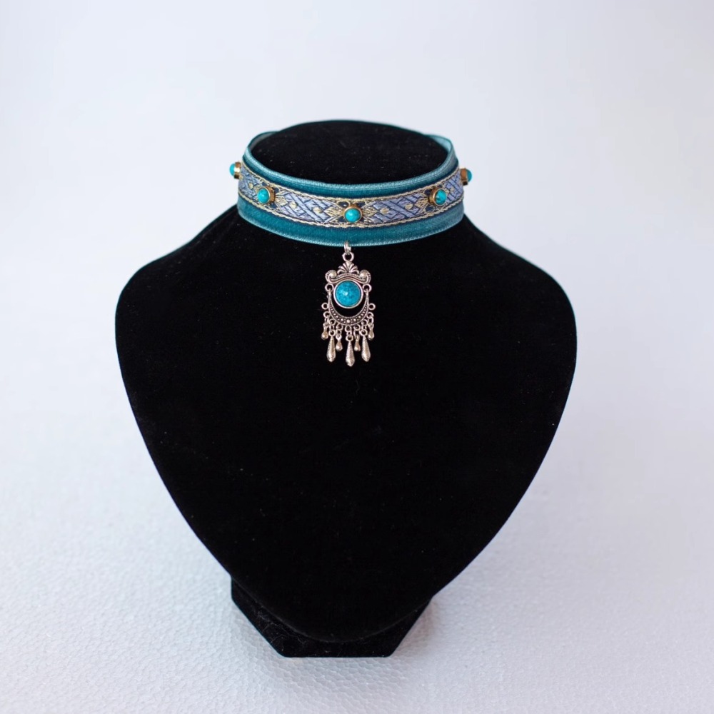 【Choker|Collar】Blue velvet gemstone tassels 034