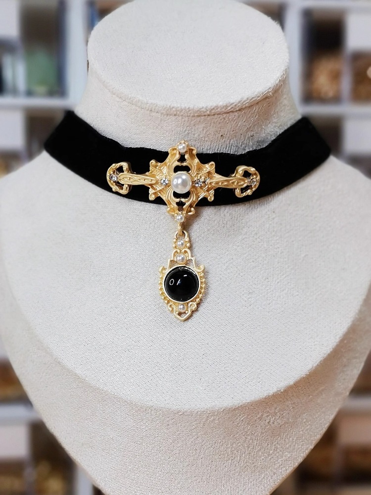 【Choker|Collar】Black velvet hanging gemstone 002