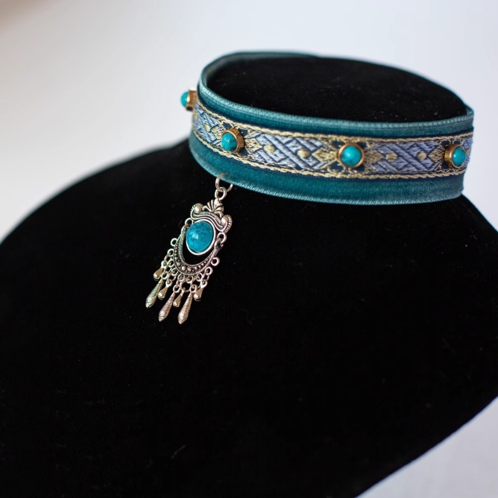 【Choker|Collar】Blue velvet gemstone tassels 034