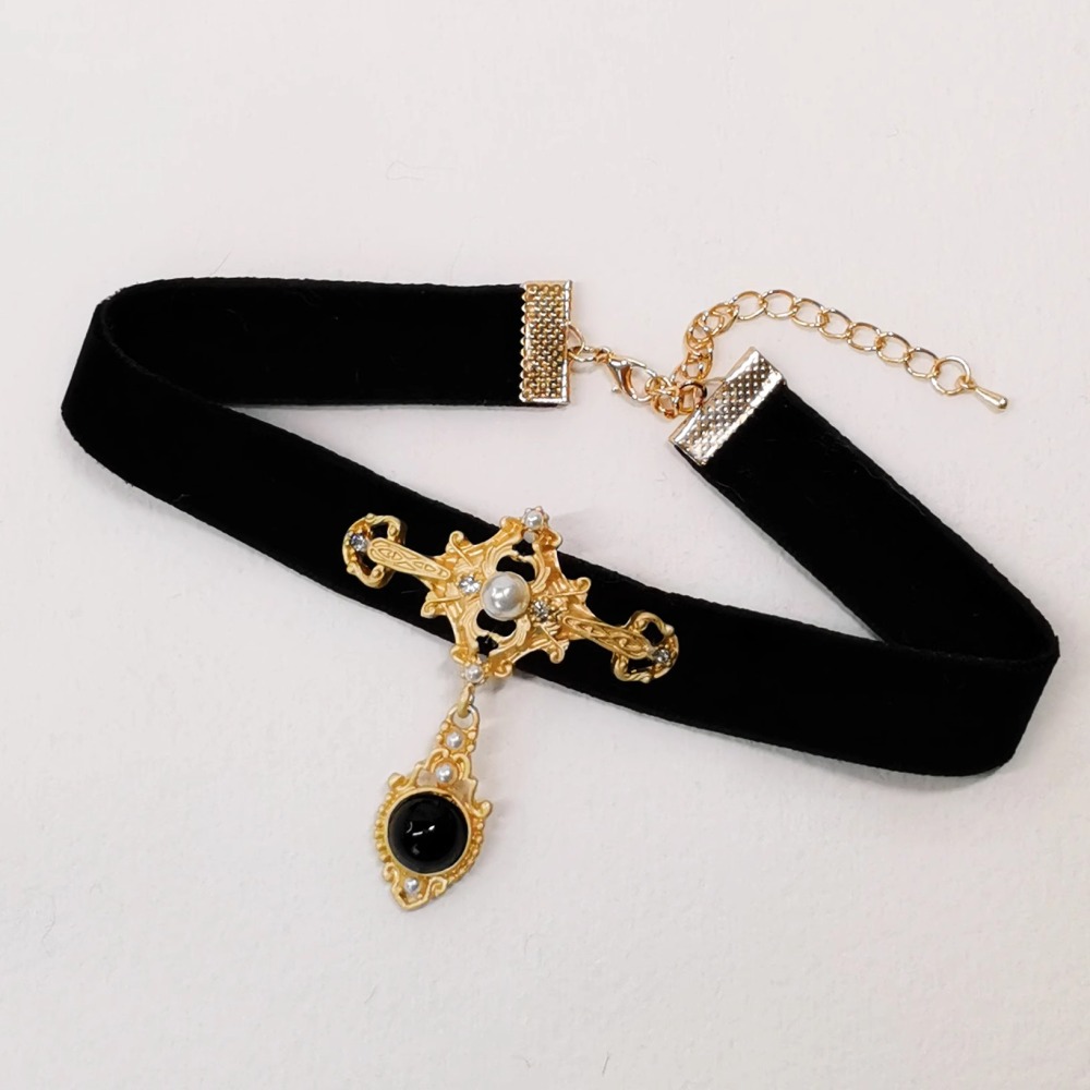 【Choker|Collar】Black velvet hanging gemstone 002