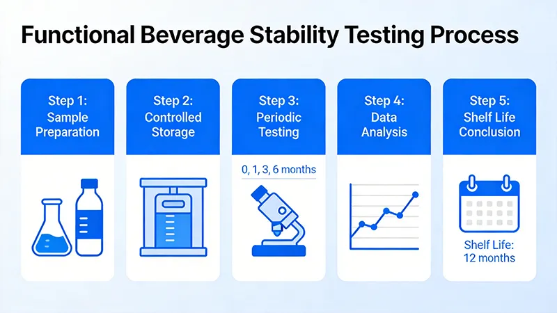Stability testing process used to evaluate shelf life and ingredient stability in functional beverages.