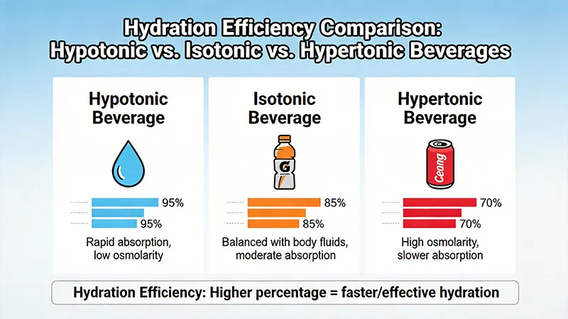 Hydration efficiency comparison between hypotonic, isotonic, and hypertonic beverages.