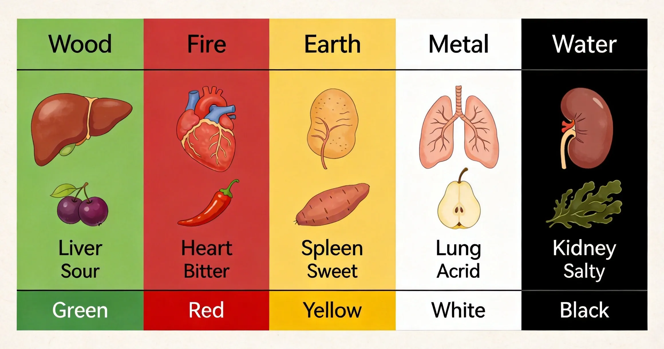Traditional Chinese Medicine Five Colors Five Organs chart green red yellow white black corresponding to liver heart spleen lungs kidneys