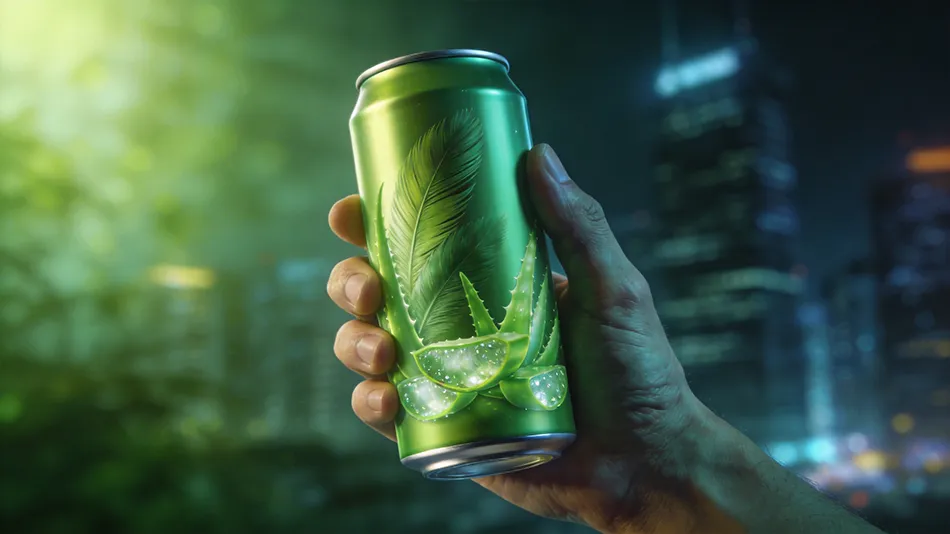 Concept of Wood Element Liver-Support Energy Drink in aluminum can with green tea and aloe vera visual elements