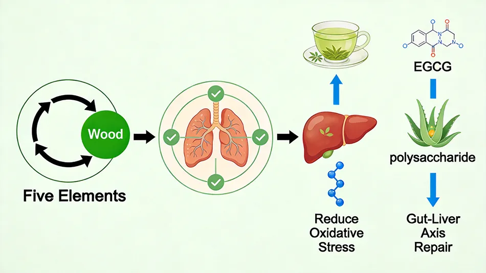 Infographic explaining TCM Five Elements Wood theory applied to liver detoxification pathways supported by Green Tea and Aloe Vera