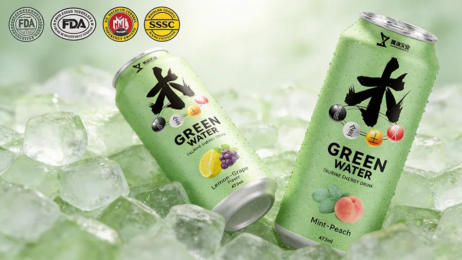 Various sizes of private label aluminum beverage cans for herbal energy drinks, including 330ml and 473ml
