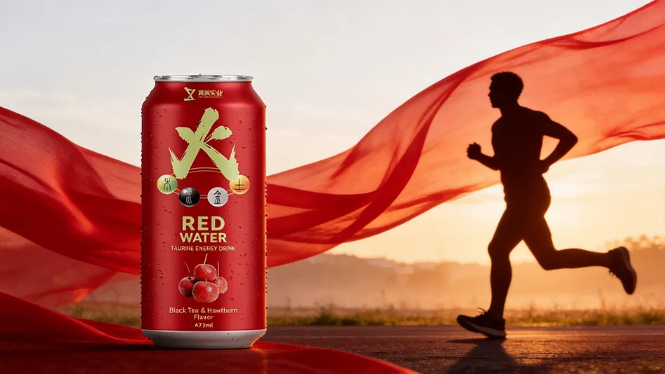 Fire Element Heart-Healthy Energy Drink in a premium red 473ml aluminum can featuring black tea and hawthorn extracts