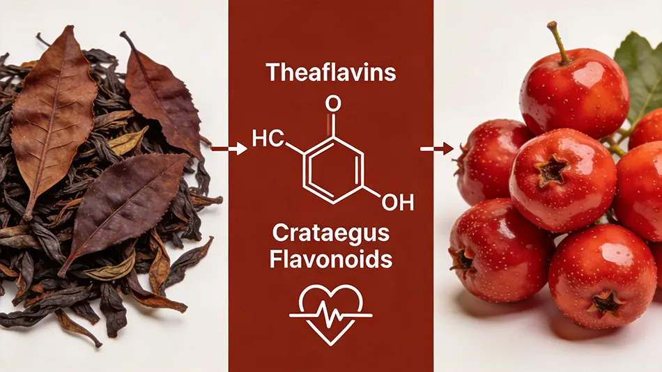 Infographic showing the synergy between black tea theaflavins and hawthorn flavonoids for cardiovascular support