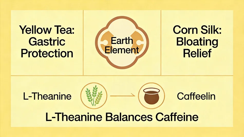 Infographic explaining how yellow tea and corn silk synergize to support spleen health and sustained energy