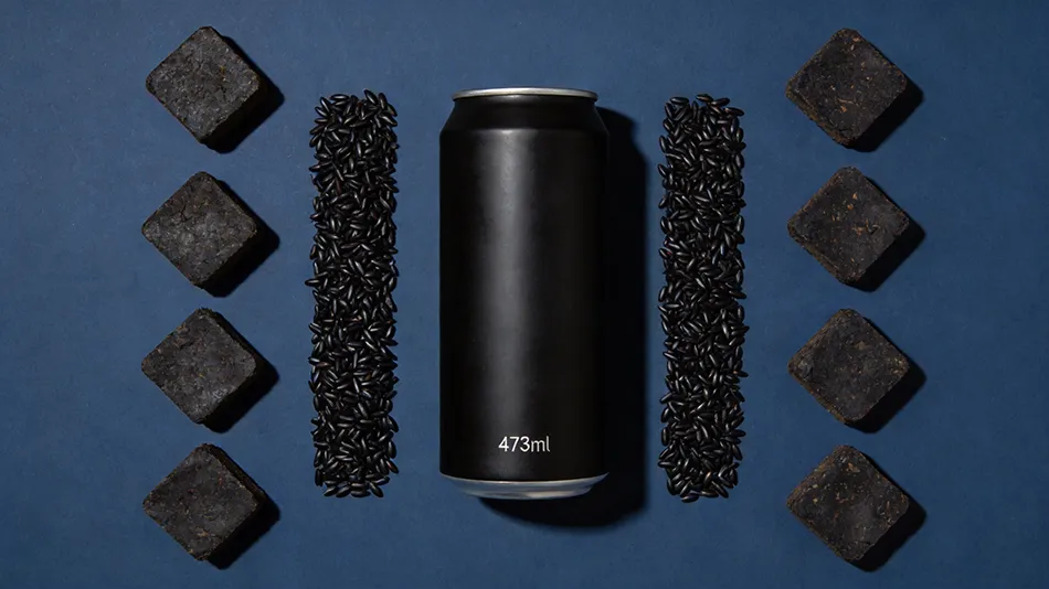 Premium Water-element energy drink featuring dark tea and black rice in 473ml aluminum cans