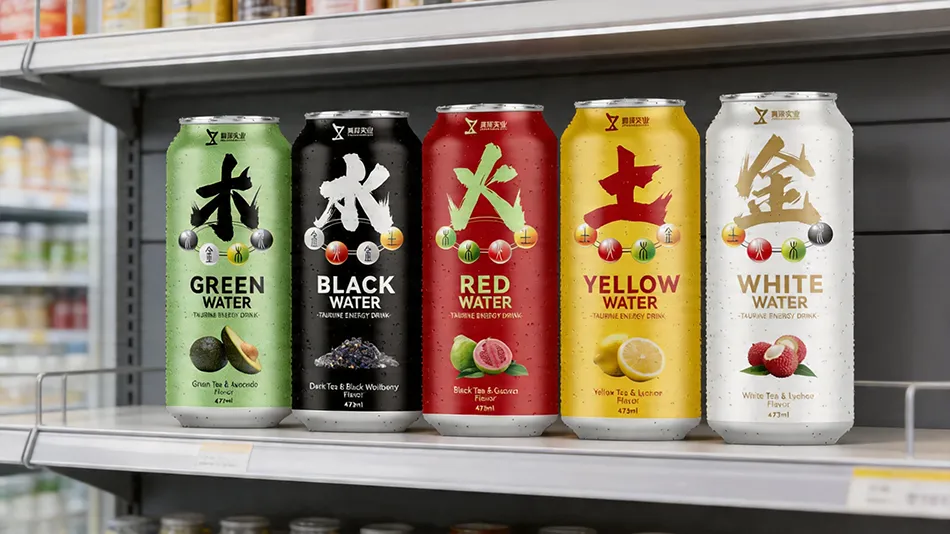 Five Colors Five Organs functional beverages in colorful aluminum cans on modern retail shelf 2026