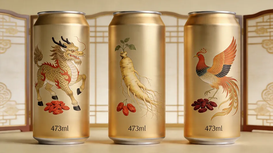 Modern Guochao herbal energy drink in 473ml aluminum can featuring Chinese traditional aesthetics