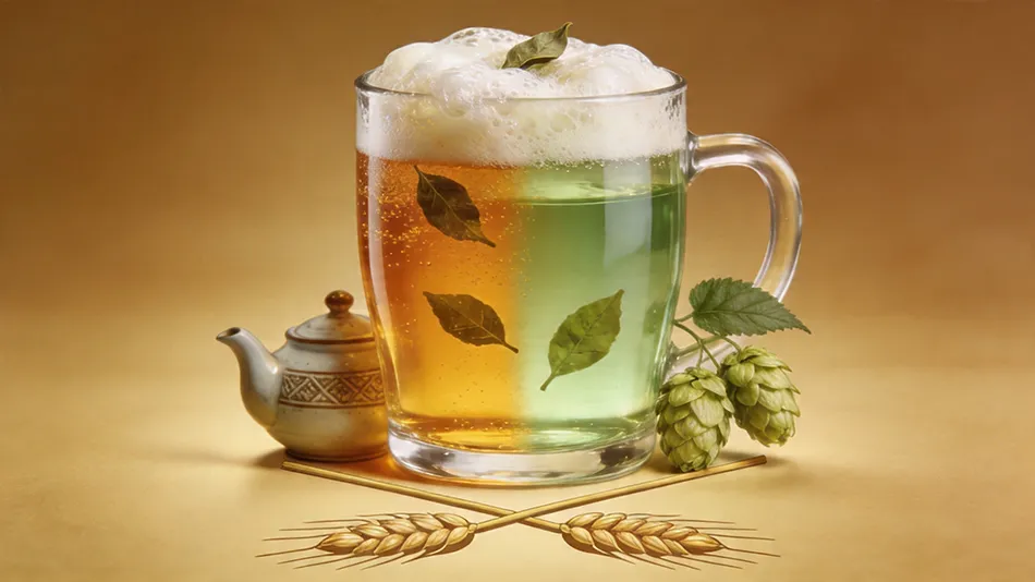 tea infused beer with green tea leaves concept