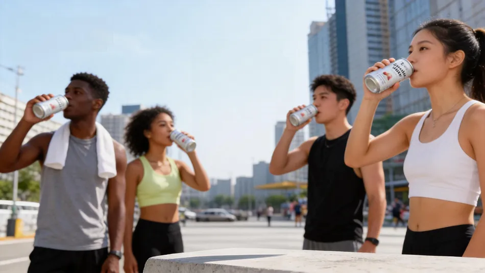 Young adults hydrating with functional low-sugar electrolyte drinks in a modern urban environment