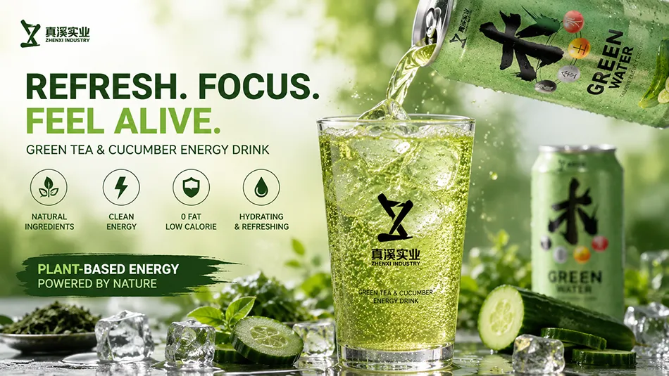 green tea cucumber energy drink pouring into glass with ice