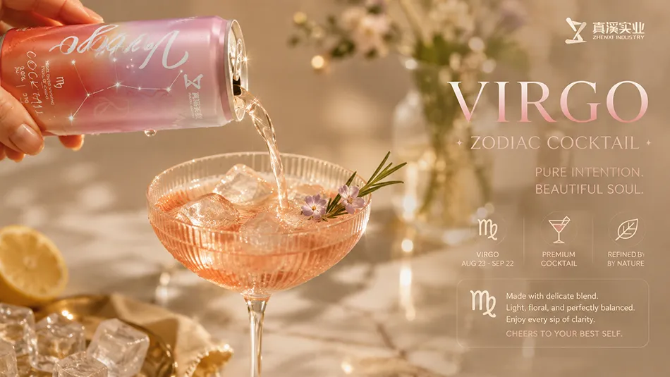 Virgo zodiac canned cocktail pouring into elegant cocktail glass with ice