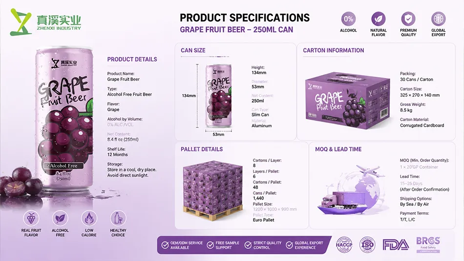 250ml grape flavored non alcoholic craft beer packaging specification