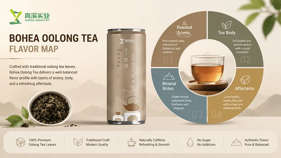 Flavor profile of Bohea RTD oolong tea showing roasted aroma and smooth tea body