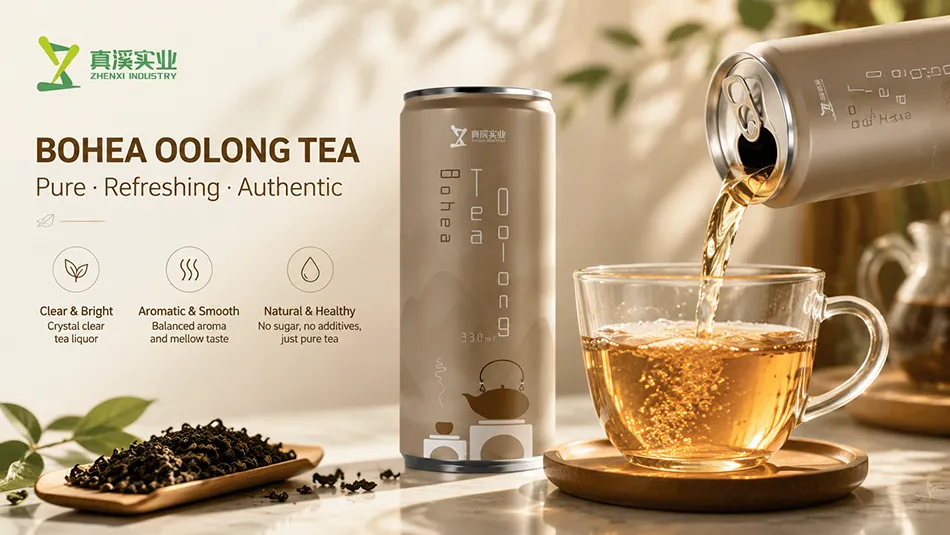 Pouring Bohea flavor RTD oolong tea showing rich amber tea color and clarity