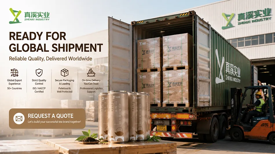 Export container loading of RTD oolong tea for global beverage distribution