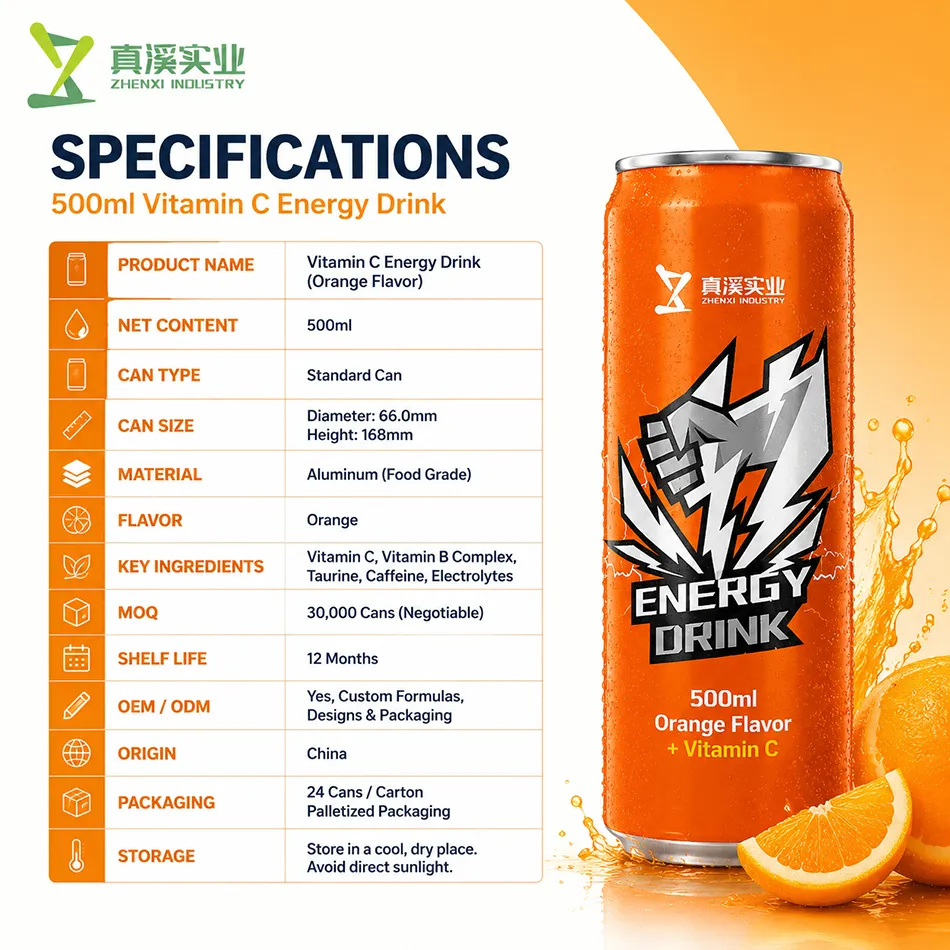 Orange Vitamin C Energy Drink 500ml specifications standard aluminum can