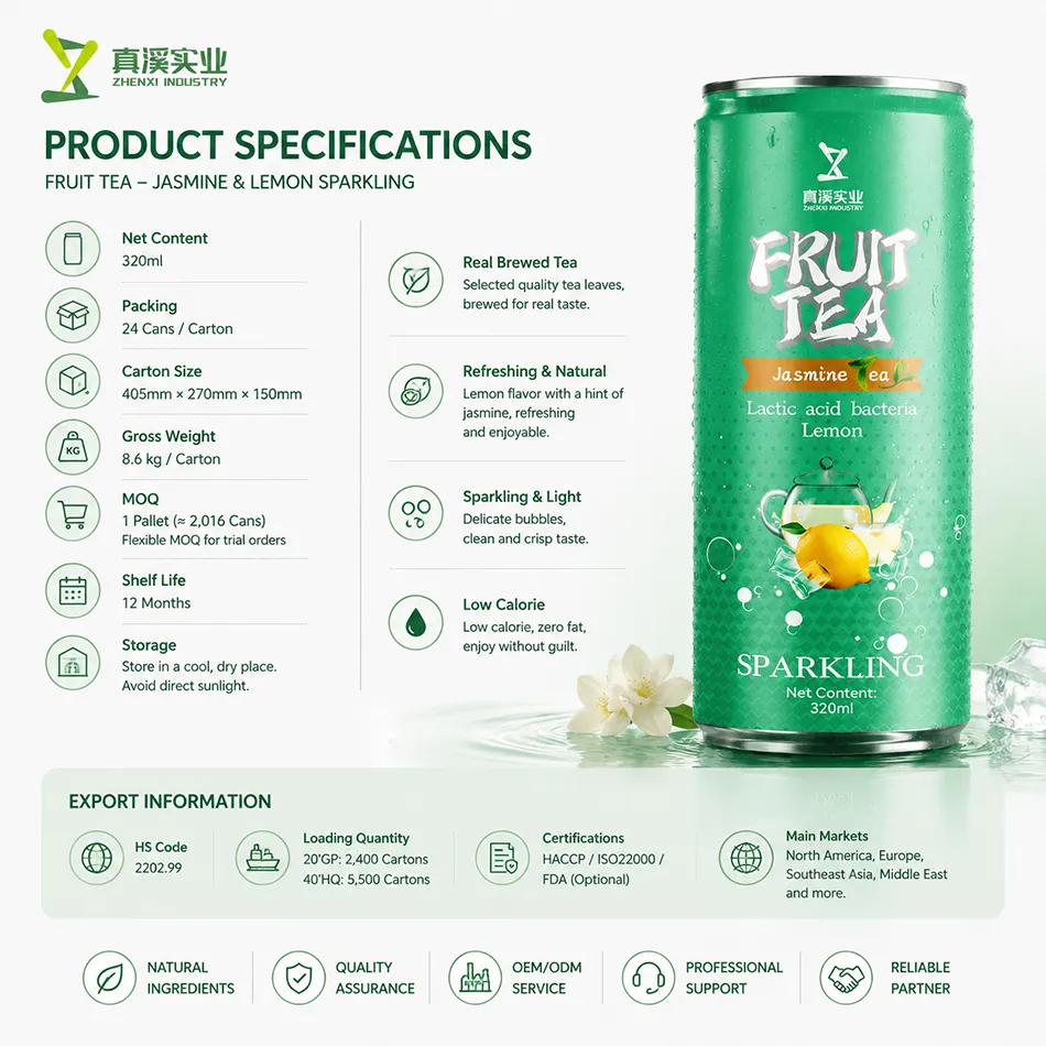 320ml canned fruit tea OEM specification sheet including MOQ shelf life certification and customization options