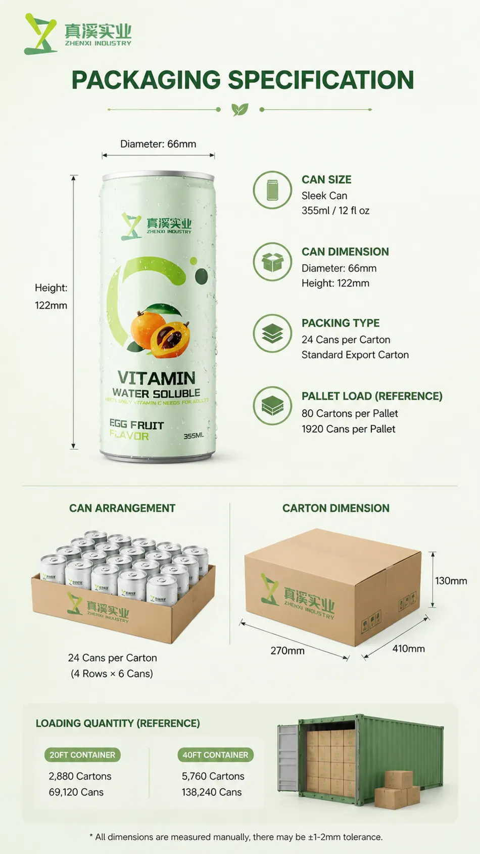 Specifications of 355ml sleek aluminum can for Canistel Flavor Vitamin C Drink