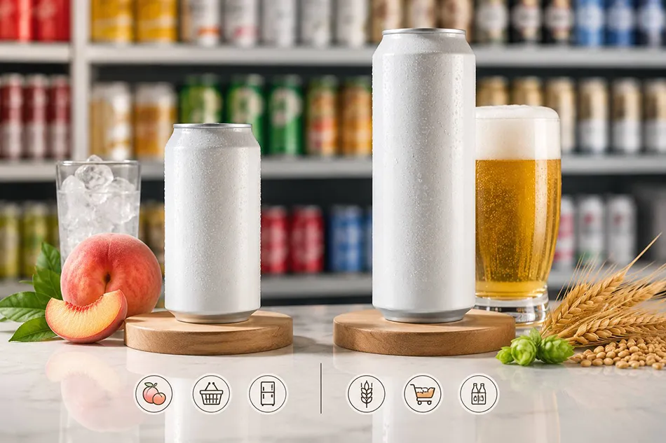 250ml and 500ml non alcoholic beer cans compared for fruit-led trial packs and beer-style retail shelves