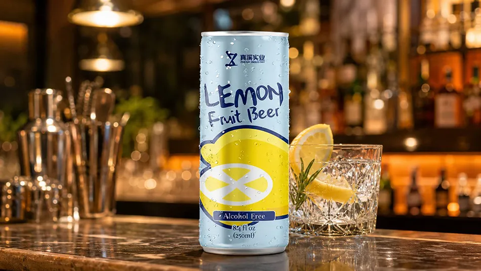 Wholesale lemon canned zero alcohol beer designed for luxury hospitality, bar, and banquet dining channels, engineered by Zhenxi Industry.
