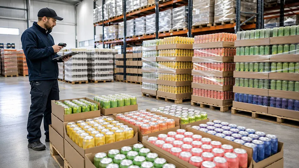 Multiple canned non alcoholic beer SKUs arranged for warehouse inventory and stock planning