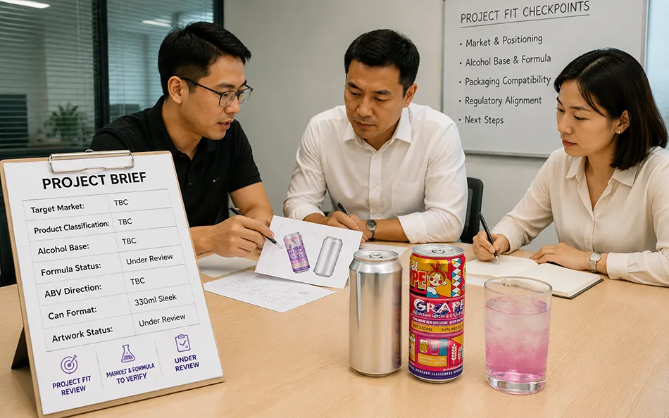 Buyer reviewing target market alcohol base ABV direction and 330ml can requirements for a grape hard seltzer project