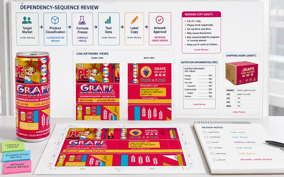 Formula classification mandatory copy and artwork dependency review for a grape hard seltzer label