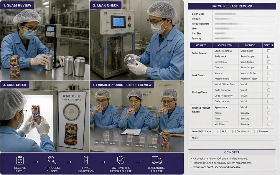 Illustrative seam leak sensory and batch release review workflow for canned hard seltzer