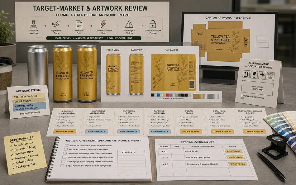 330ml Sleek Yellow Tea Pineapple energy drink target-market & artwork review for OEM project review