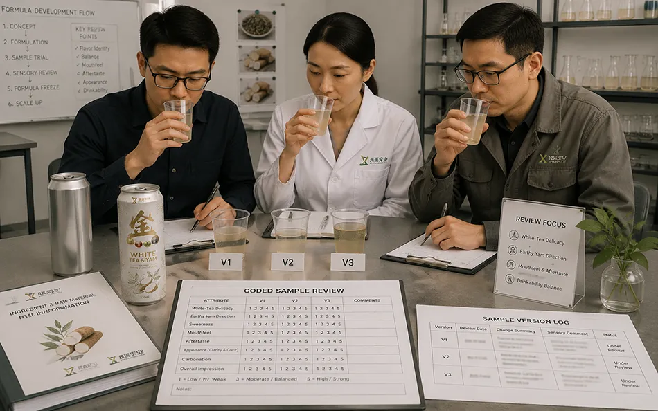 330ml Sleek White Tea Yam energy drink formula & sensory review for OEM project review
