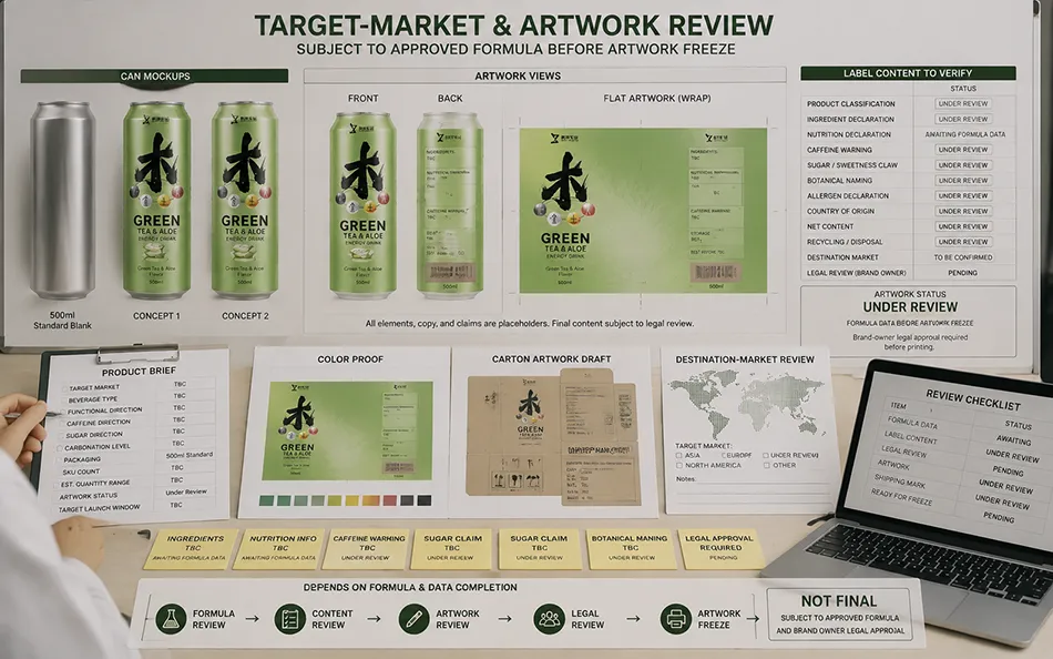 500ml Standard Green Tea Aloe energy drink target-market & artwork review for OEM project review