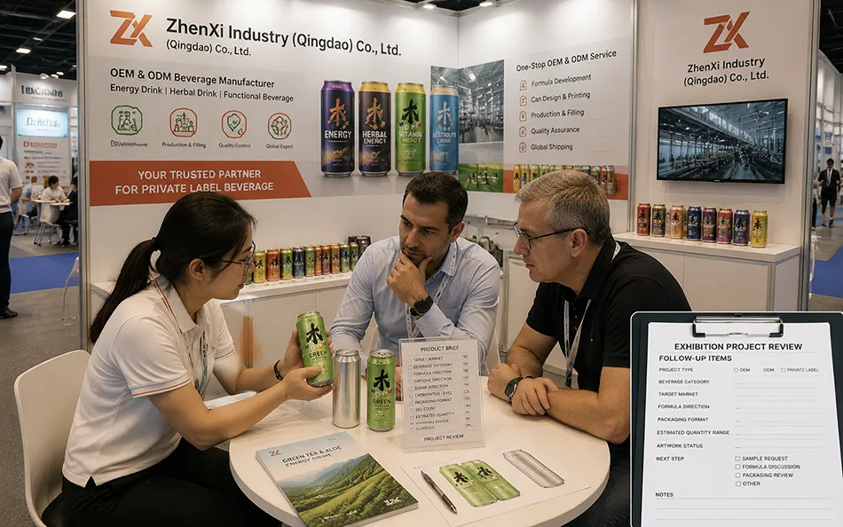 ZhenXi team discussing a 500ml Standard Green Tea Aloe herbal energy drink OEM brief with buyers at a verified trade exhibition