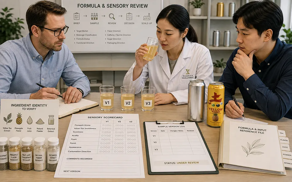 330ml Sleek Yellow Tea Pineapple energy drink formula & sensory review for OEM project review