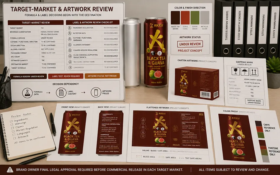 330ml Sleek Black Tea Guava energy drink target-market & artwork review for OEM project review