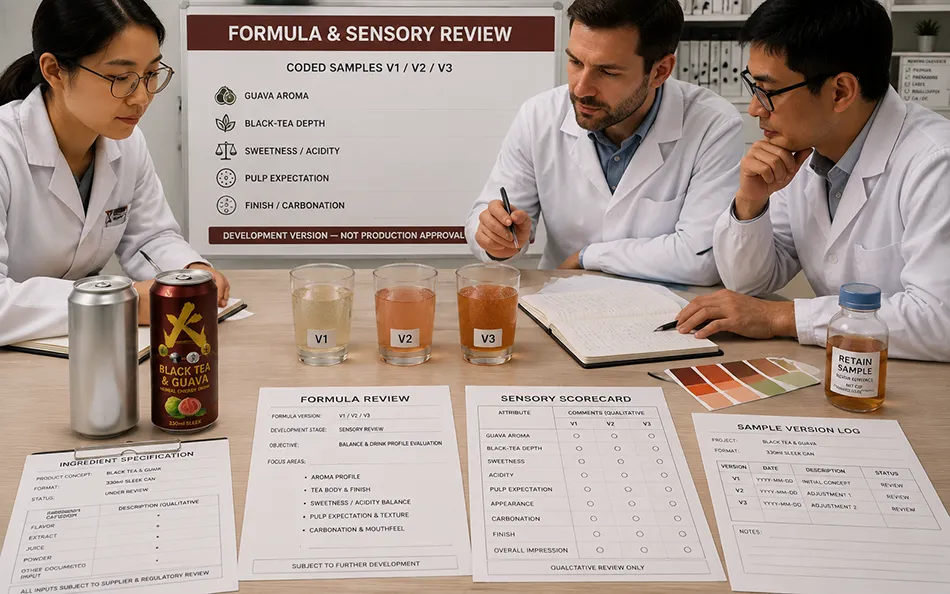330ml Sleek Black Tea Guava energy drink formula & sensory review for OEM project review
