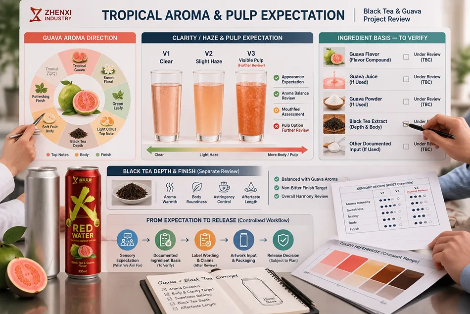 330ml Sleek Black Tea Guava energy drink product-specific technical review for OEM project review