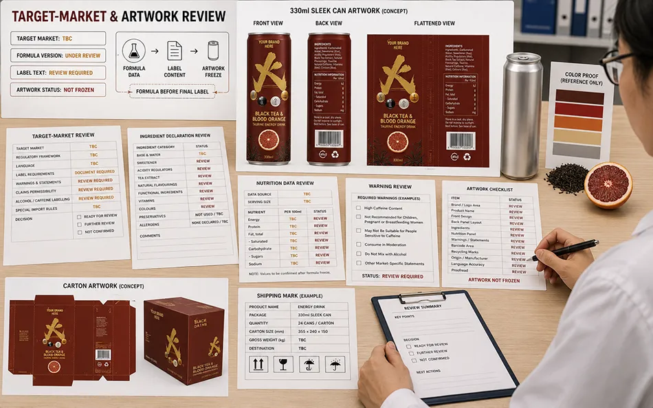 330ml Sleek Black Tea Blood Orange energy drink target-market & artwork review for OEM project review