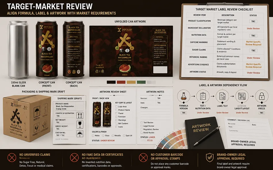 330ml Sleek Black Tea Watermelon energy drink target-market & artwork review for OEM project review