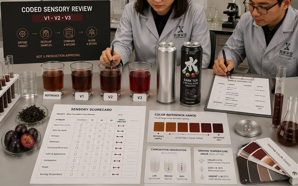 330ml Sleek Dark Tea Black Plum energy drink formula & sensory review for OEM project review