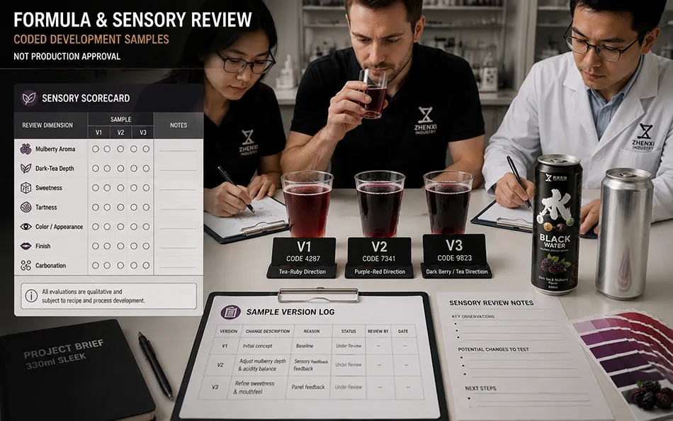 330ml Sleek Dark Tea Mulberry energy drink formula & sensory review for OEM project review